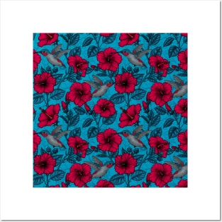 Red hibiscus and hummingbirds, tropical garden on light blue Posters and Art